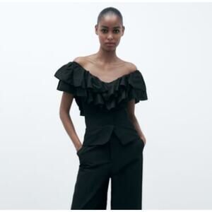 Zara Black Cotton Off the Shoulder Ribbed Ruffle Bodysuit Top Small